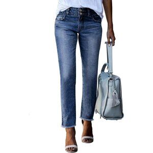 Women's High Waisted Stretch Denim Jeans Raw Hem Straight Leg Ankle Pants
